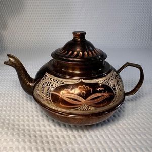 Copper Turkish Handmade Teapot Tea Kettle Copper and Brown carved Design
